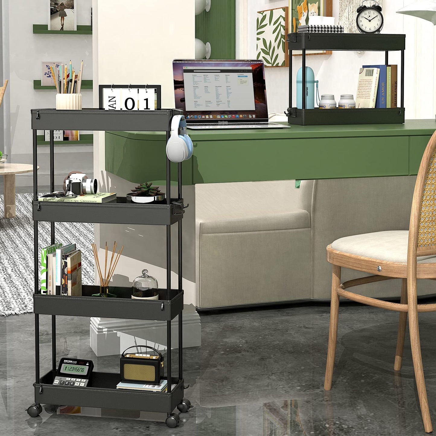 SPACEKEEPER Slim Rolling Storage Cart, 4 Tier Bathroom Cart Organizer,Black