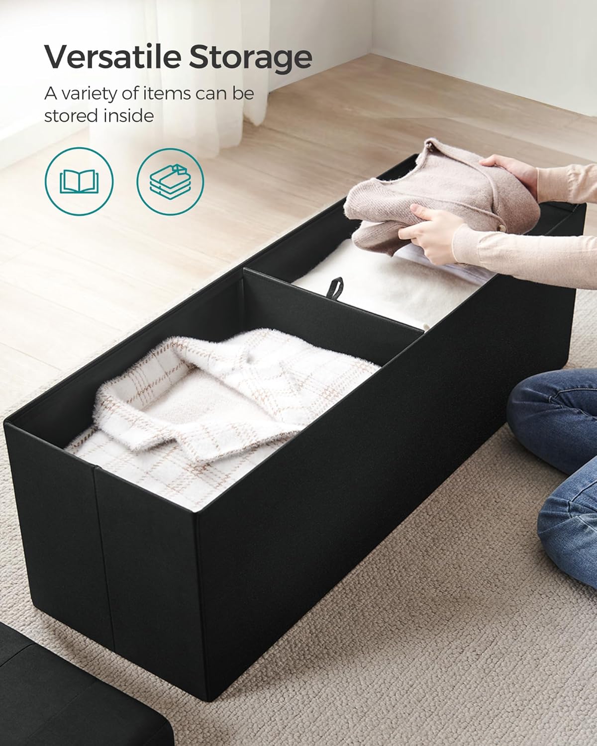 SONGMICS MAZIE Collection - 43 Inches Folding Storage Ottoman Bench, Ottoman Foot Rest, End of Bed Bench, Storage Chest, Load 660 lb, for Living Room, Bedroom, Entryway, Ink Black ULSF077B01