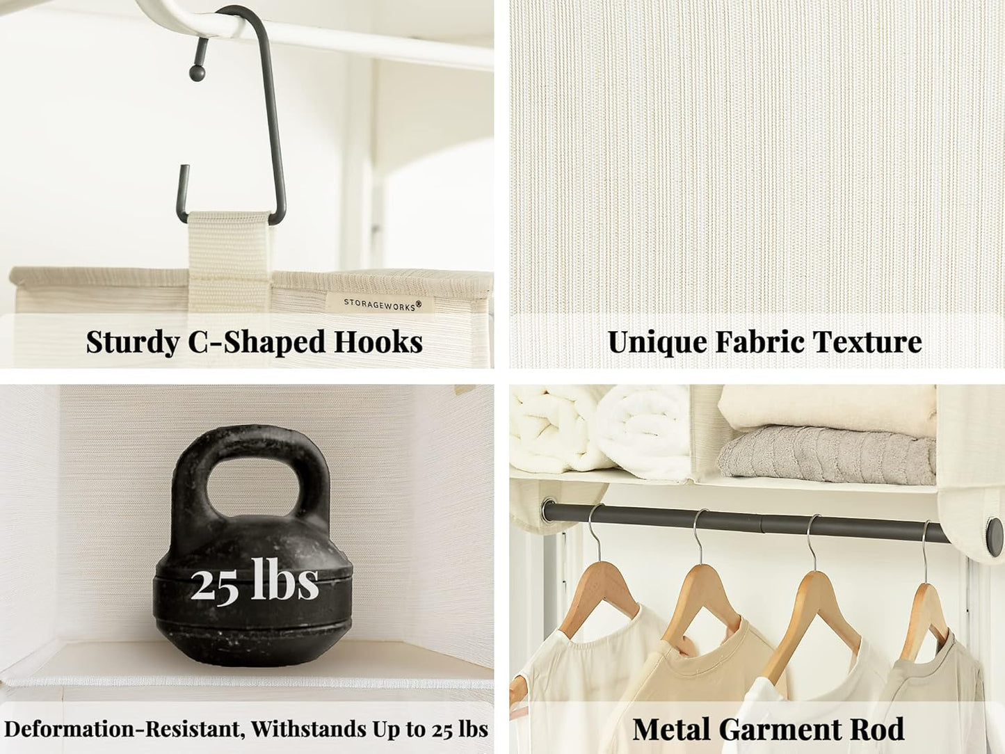 StorageWorks Hanging Closet Organizer with Metal Rod, 4-Section Closet Organizers and Storage, Collapsible Hanging Shelves for Baby Clothes, Shoes, Sweater Storage, Ivory and White