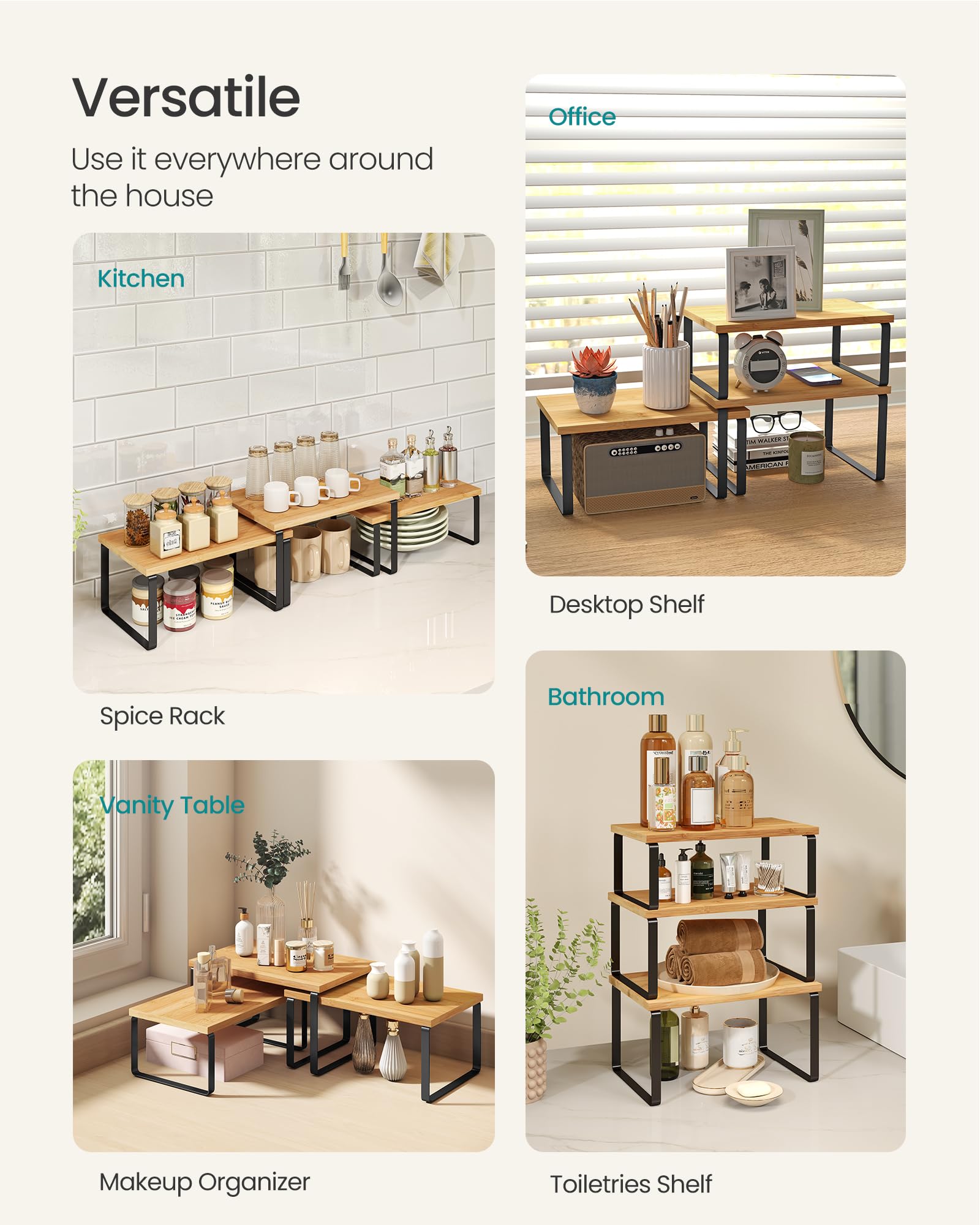SONGMICS Cabinet Organizer Shelf, Set of 3 Kitchen Counter Shelves, Kitchen Storage, Spice Rack