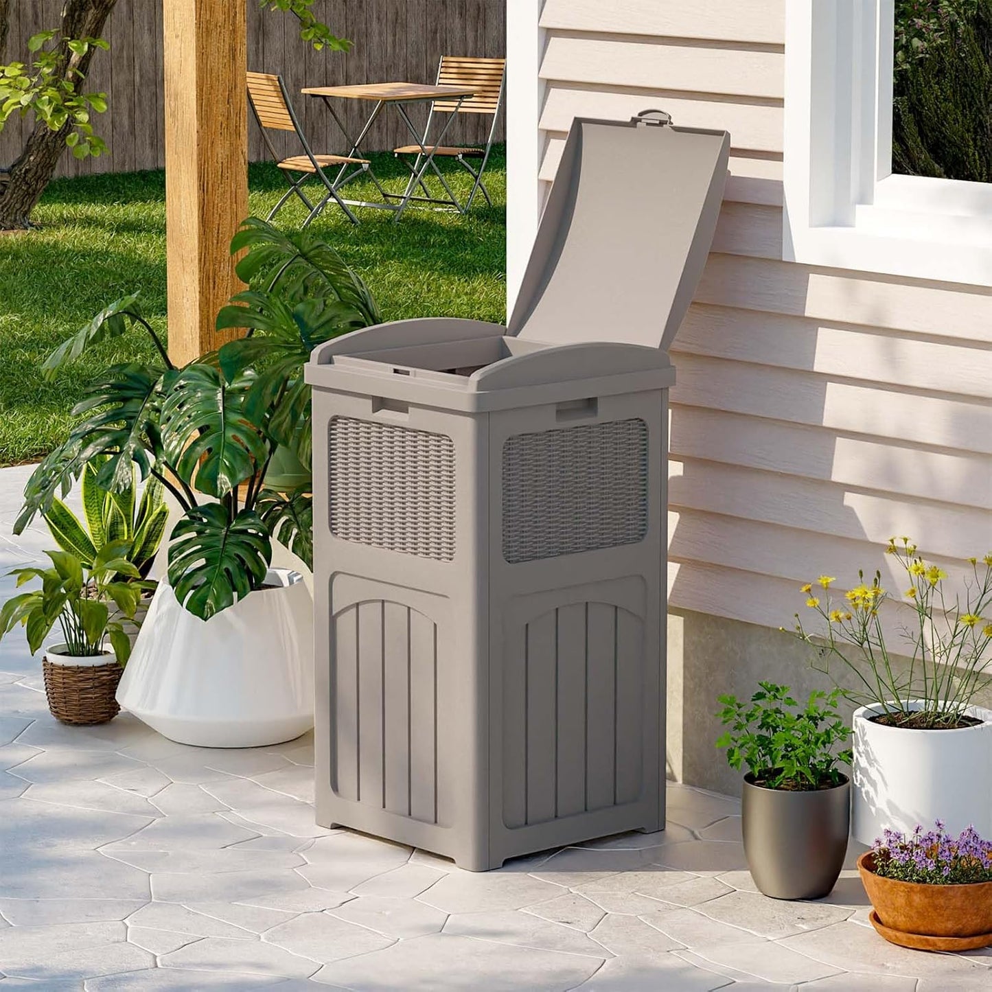Patiowell 36 Gallon Outdoor Trash Can, Resin Outdoor Garbage Can with Lid for Patio, Backyard, Deck, Light Brown