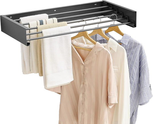 JOOM Laundry Drying Rack Collapsible, Wall Mounted Clothes Drying Rack, Retractable Drying Rack, 31.5" Wide, 5 Aluminum Rods, 60 lb Capacity (Black 31.5")