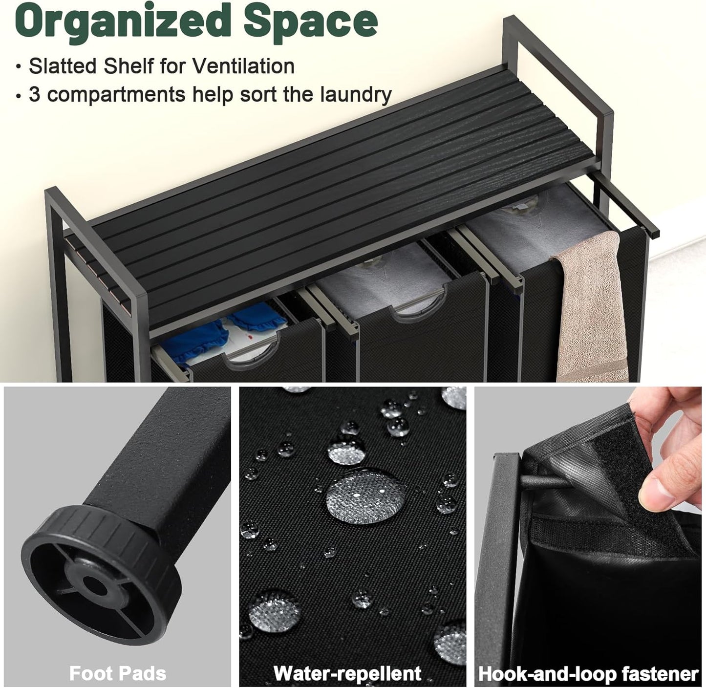 Laundry Hamper, Laundry Sorter with 3 Pull-Out Removable Oxford Fabric Bags Cloth Laundry Basket 3 x 10 Gallons (Charcoal Black)