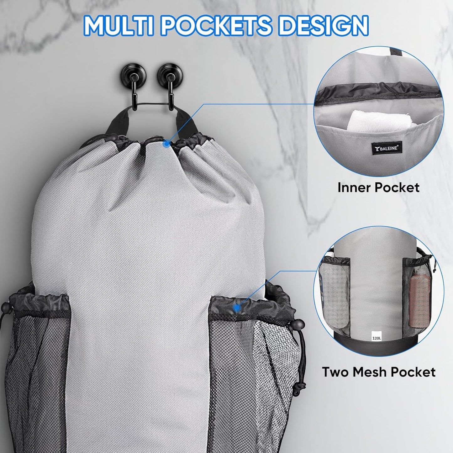 BALEINE 150L Laundry Bag Backpack, 900D Oxford Fabric Large Travel Laundry Bags with Shoulder Straps and 2 Mesh Pockets for College Dorm, Apartment, Laundromat (Grey, 150L)