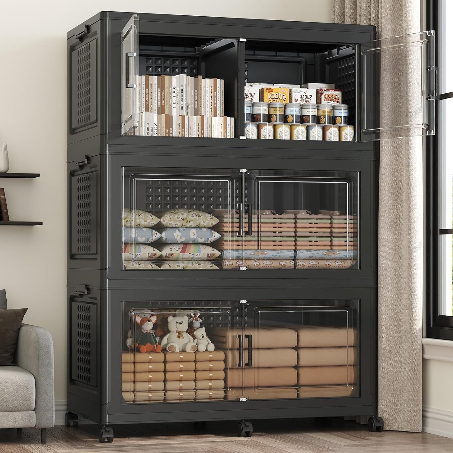 120GAL Storage Bins with Lid and Wheels, Stackable Closet Organizers and Storage Drawer, Collapsible Storage Box with Dividers, Foldable Plastic Cabinets Cubes Totes for Garage, 3 Pack Black