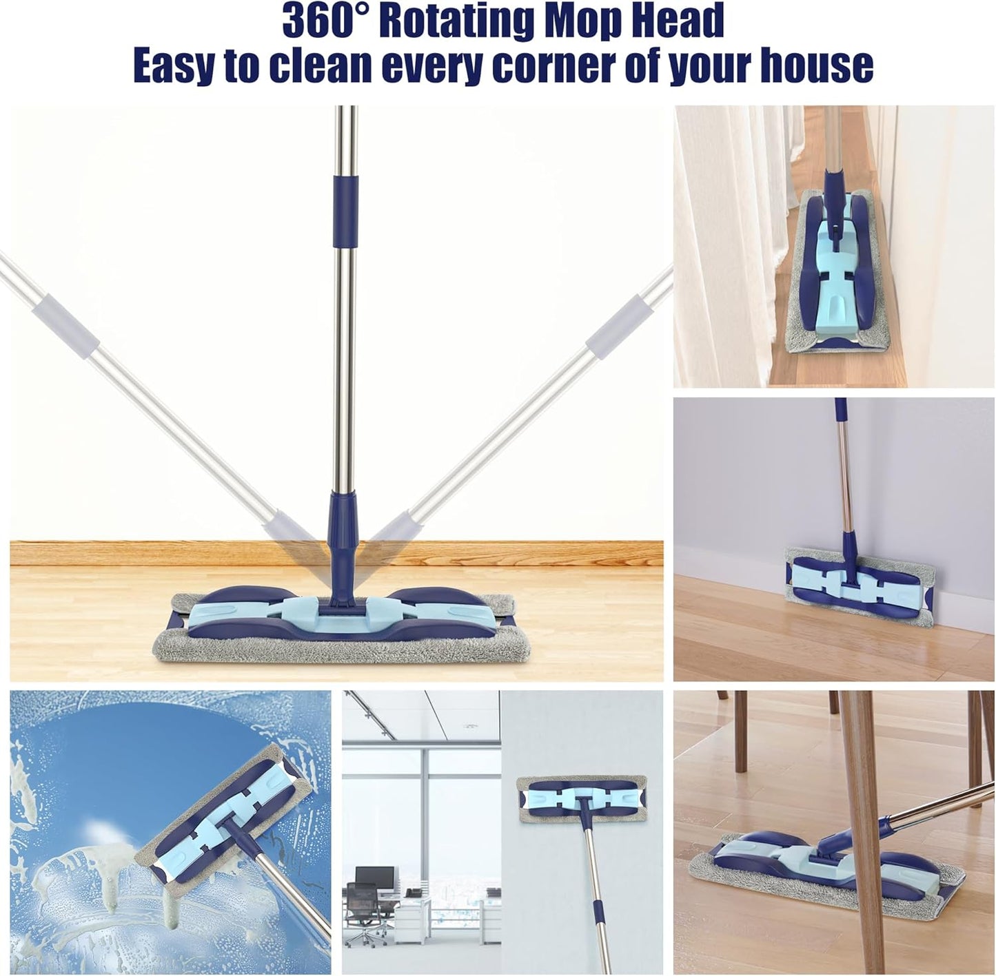 MEXERRIS Microfiber Floor Mop for Hardwood Laminate Tile Floor Cleaning: Stainless Steel Handle - 4 Reusable Flat Mop Refills and 1 Dirt Removal Scrubber Included - Dry Dust Mop Commercial Home Use