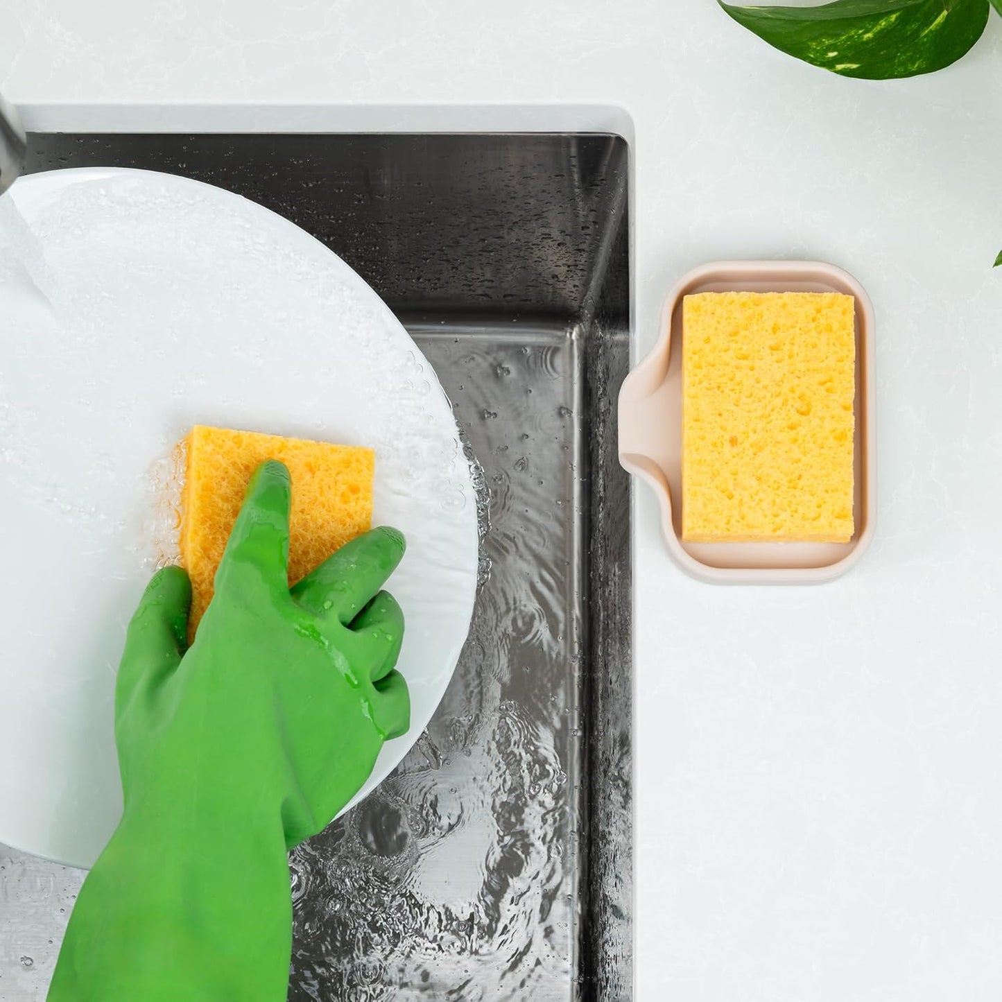 Zulay Kitchen Small Silicone Sponge Holder (4.9x3.3”) – Space-Saving Sink Organizer Tray for Sponge, Soap, Brush & More – Compact Non-Slip Dish for Kitchen & Bathroom (Ivory)