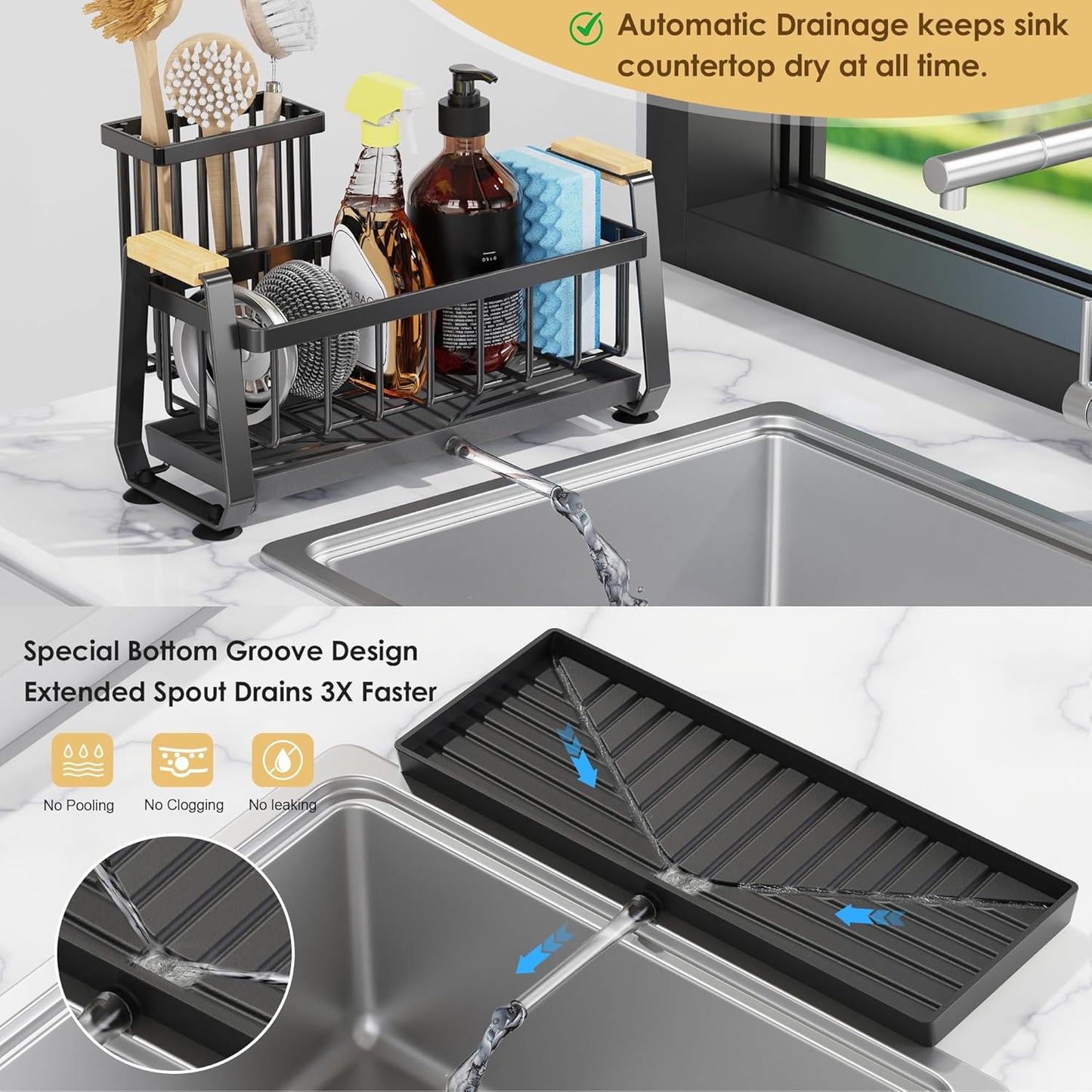 Doasuwish Sponge Holder for Kitchen Sink with Dish Brush Holder, Rustproof 304 Stainless Steel Sink Caddy for Kitchen Countertop Accessories & Storage