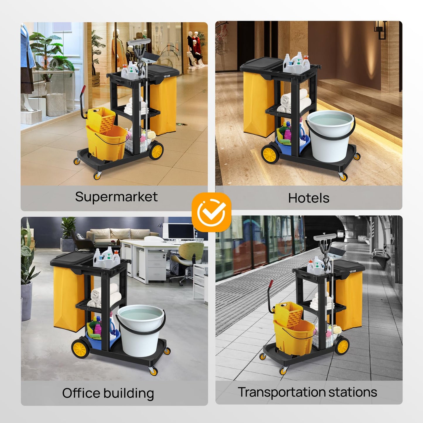 TUFFIOM Commercial Traditional Cleaning 3-Shelf Janitorial Cart, 500 Lbs Capacity Housekeeping