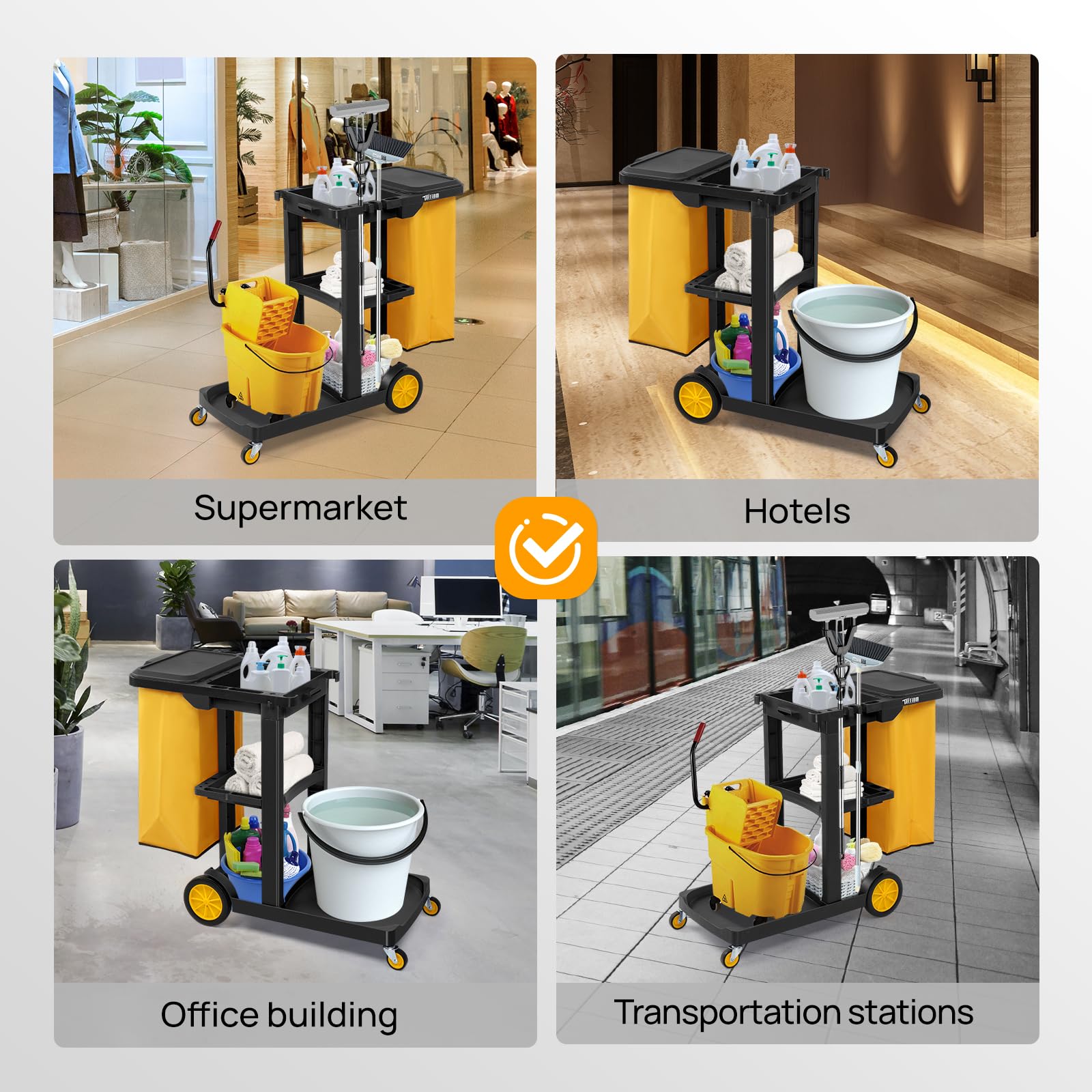 TUFFIOM Commercial Traditional Cleaning 3-Shelf Janitorial Cart, 500 Lbs Capacity Housekeeping