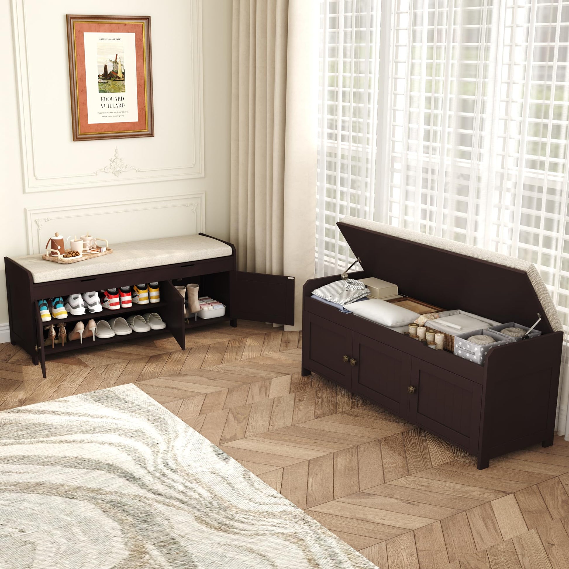 HOMEFORT 41.3" Shoe Bench with Lift Top Storage, Entryway Bench with Cushioned Seat, Wooden End of