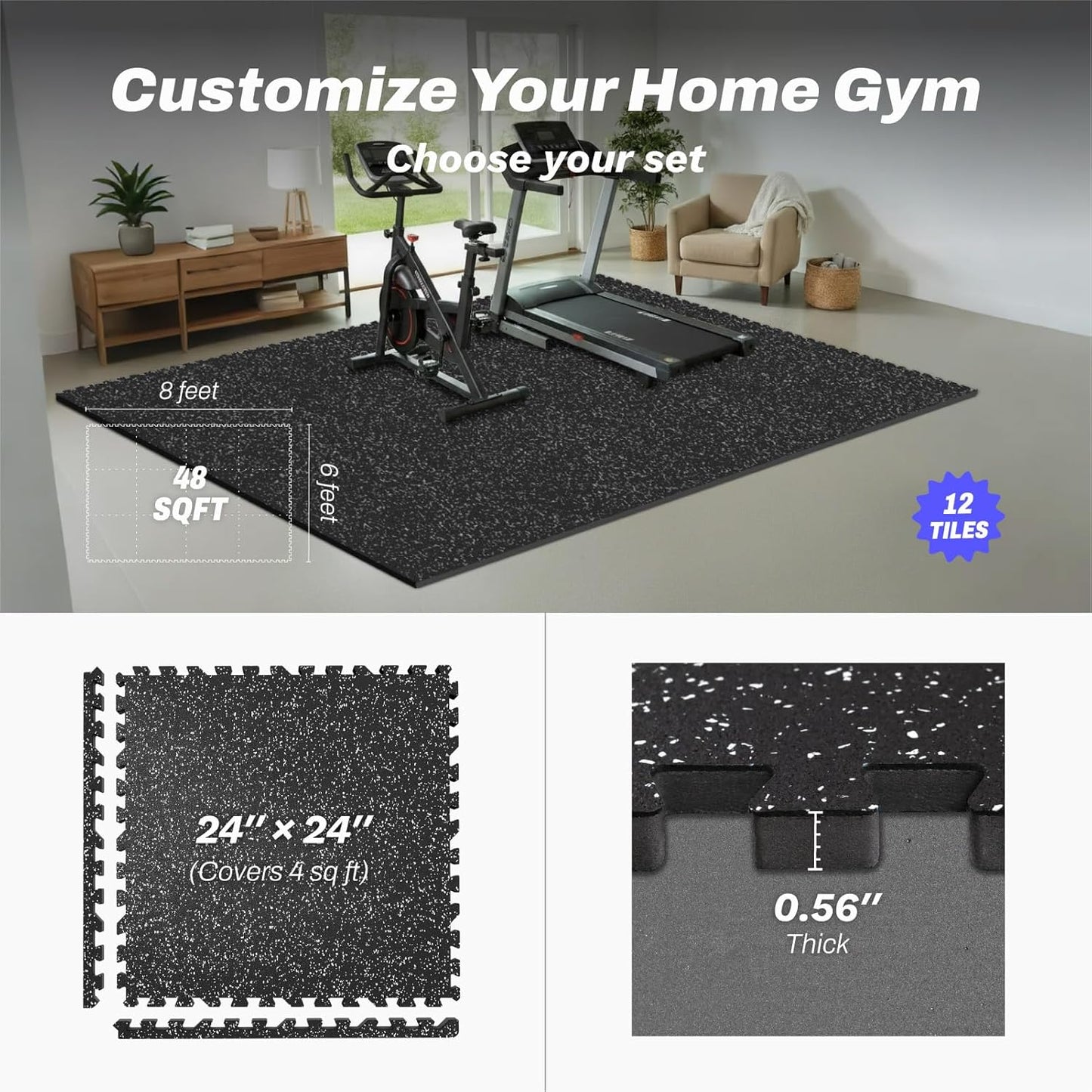 AIRHOP 0.56in Thick 48 Sq Ft Exercise Equipment Mats, 12 Tiles Upgraded Rubber Top with High Density EVA Foam, Large Interlocking Puzzle Gym Flooring for Home Gym, Heavy Weight Workout, 24 x 24in