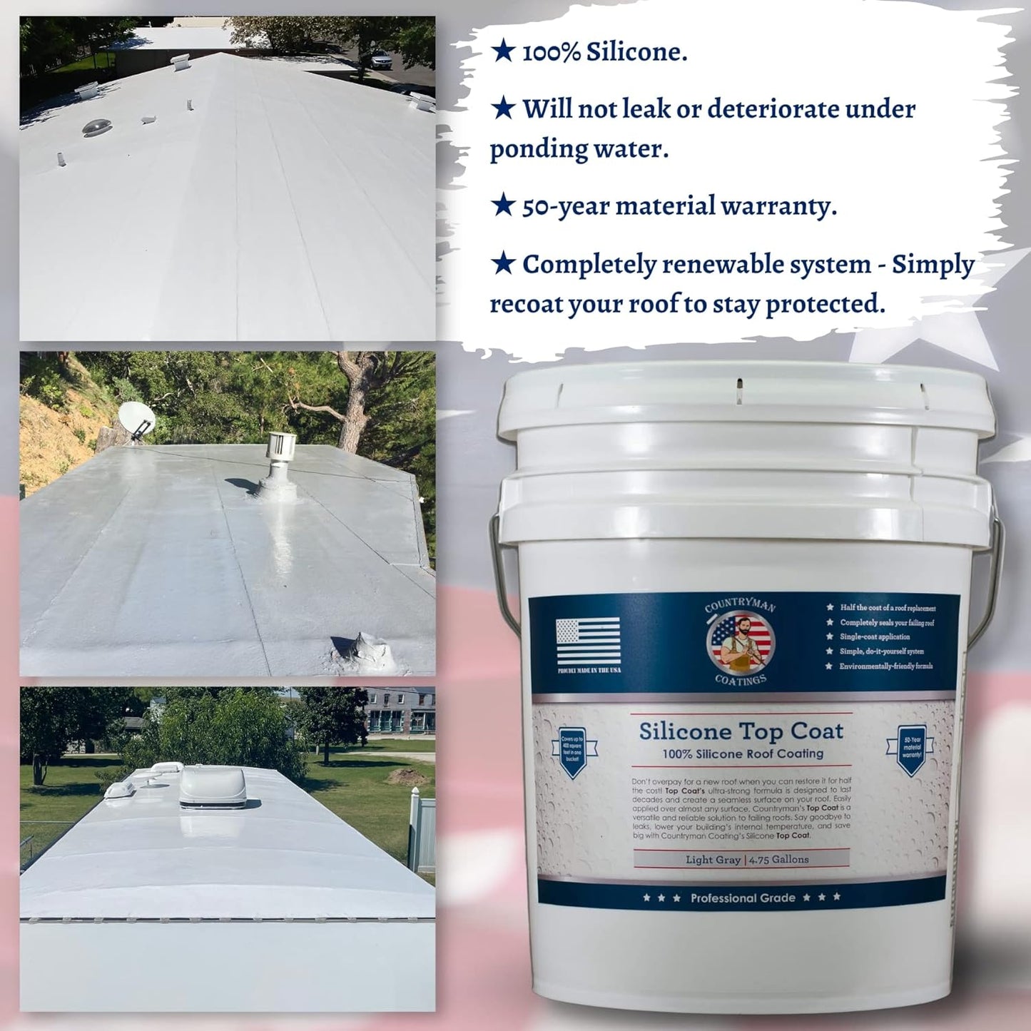 Countryman Coatings 100% Silicone Roof Coating - Restore Your Roof in a Day - Seal Leaks, Cracks, Seams, Penetrations - Adheres to All Surfaces (4.75 Gallon, Light Gray)