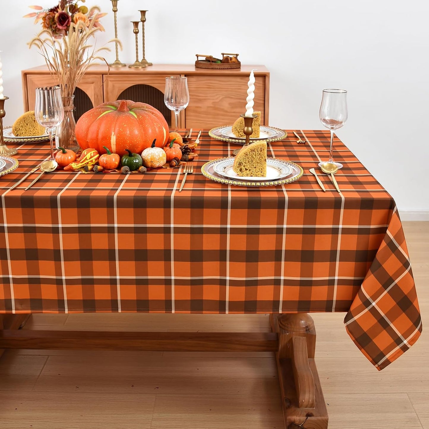 Waterproof Plaid Tablecloth Fabric - Square 58x58 Inch Classic Gingham Checker Thanksgiving Table Cloth for Indoor/Outdoor Use - Fall Tabletop Cover Perfect for Picnics, BBQs, Halloween
