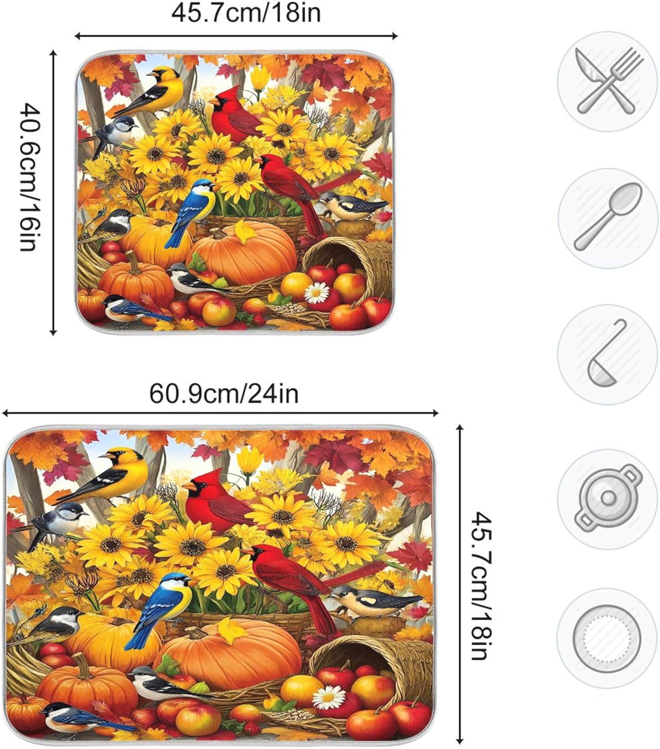 Fall Birds Dish Drying Mat for Kitchen Countertop 18x24 Autumn Pumpkin Sunflower Large Drying Mat Reusable Quick Dry Dish Sink Mats Easy Clean Decorative Essentials