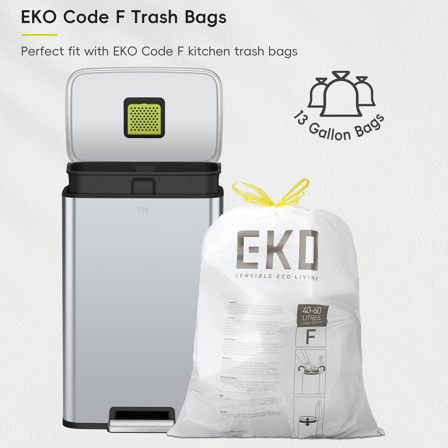 EKO Madison Matte Grey Stainless Steel 50 Liter/13.2 Gallon Step Trash Can with Inner Liner - Fingerprint Resistant Finish