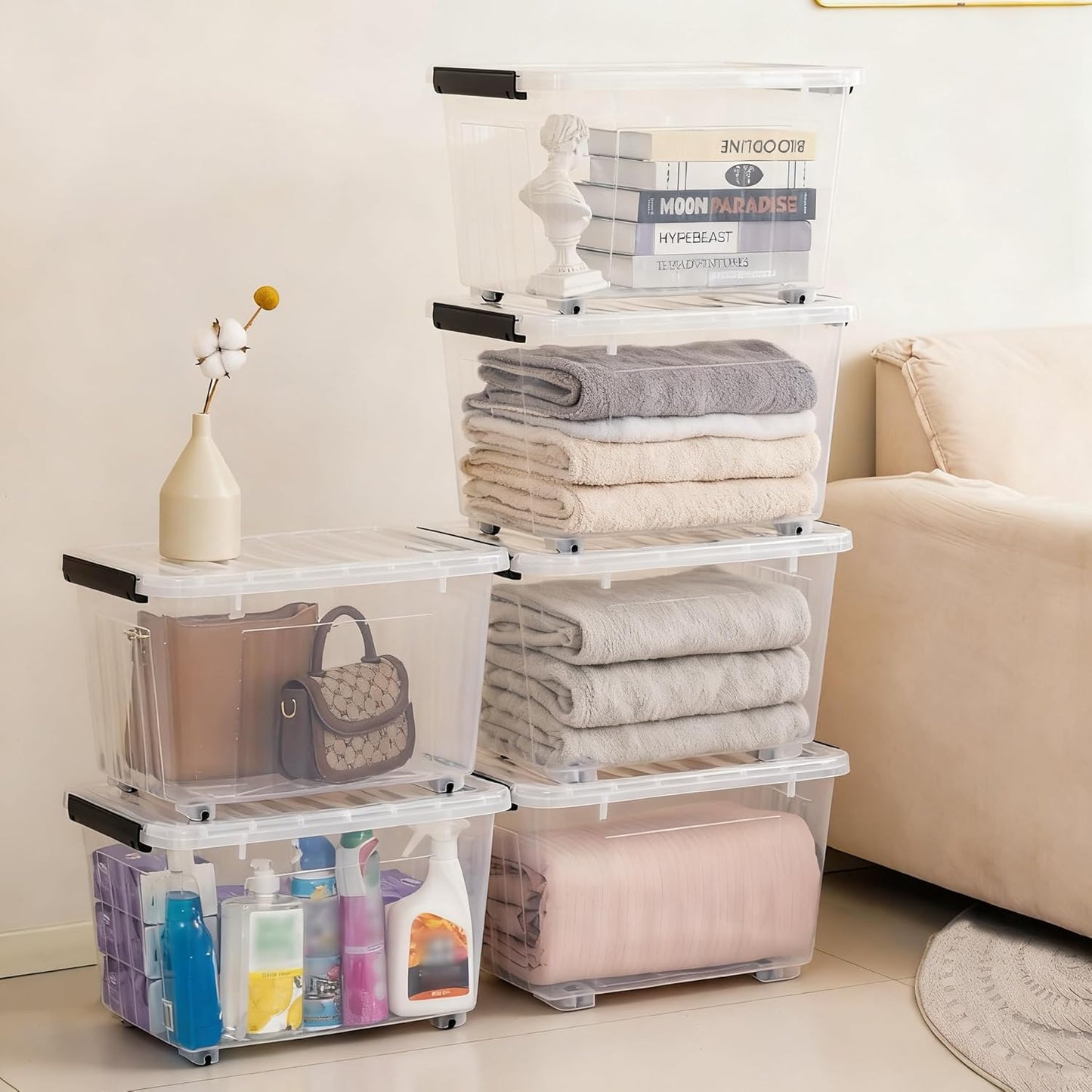 Citylife 54 QT Clear Plastic Storage Bins with Lids Stackable and Nestable Storage Boxes with Lids Large Plastic Storage Containers for Garage, Closet, Kitchen, 4 Packs