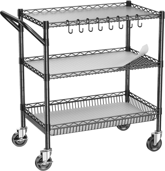 3 Tier Metal Cart with Wheels, Heavy Duty Utility Rolling Cart 1050lbs, Commercial Grade Kitchen