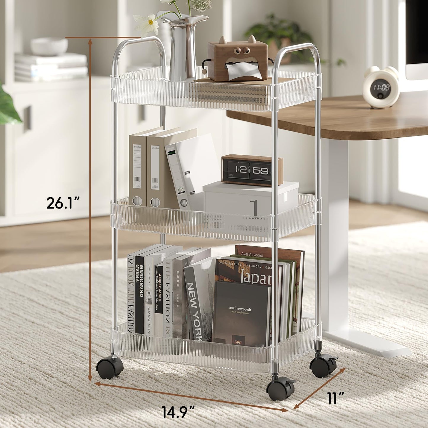 STARLATTA 3 Tier Rolling Cart with Lockable Wheels, Clear Acrylic Utility Trolley with Handle