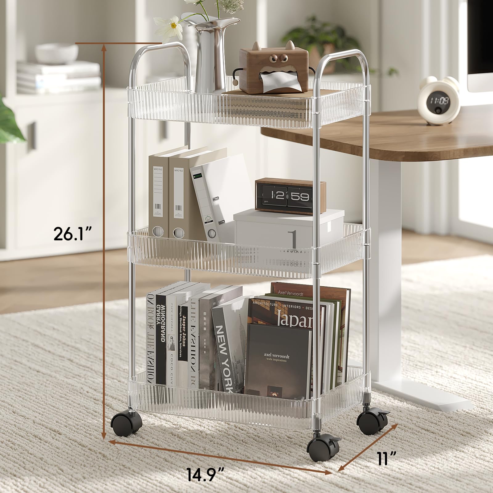 STARLATTA 3 Tier Rolling Cart with Lockable Wheels, Clear Acrylic Utility Trolley with Handle
