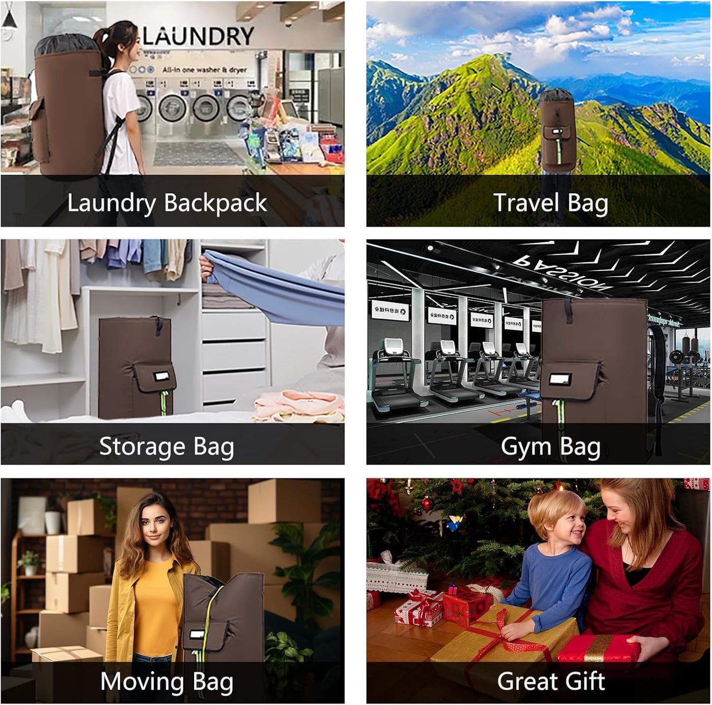 laundry bag backpack,extra-large heavy duty laundry bags,laundry backpack for college students,drawstring closure (Brown)