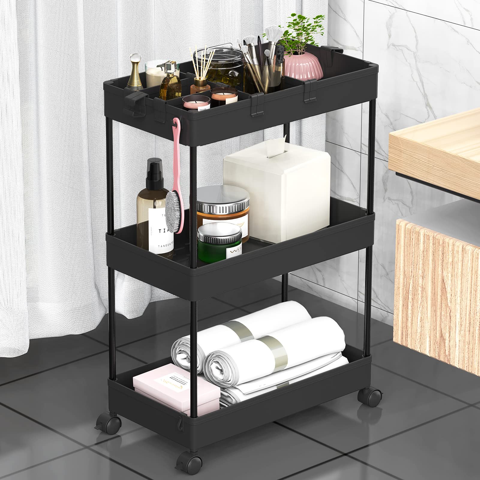 SPACELEAD 3 Tier Rolling Cart with Wheels, Storage Craft Art Trolley Organizer Serving, 3 Hanging