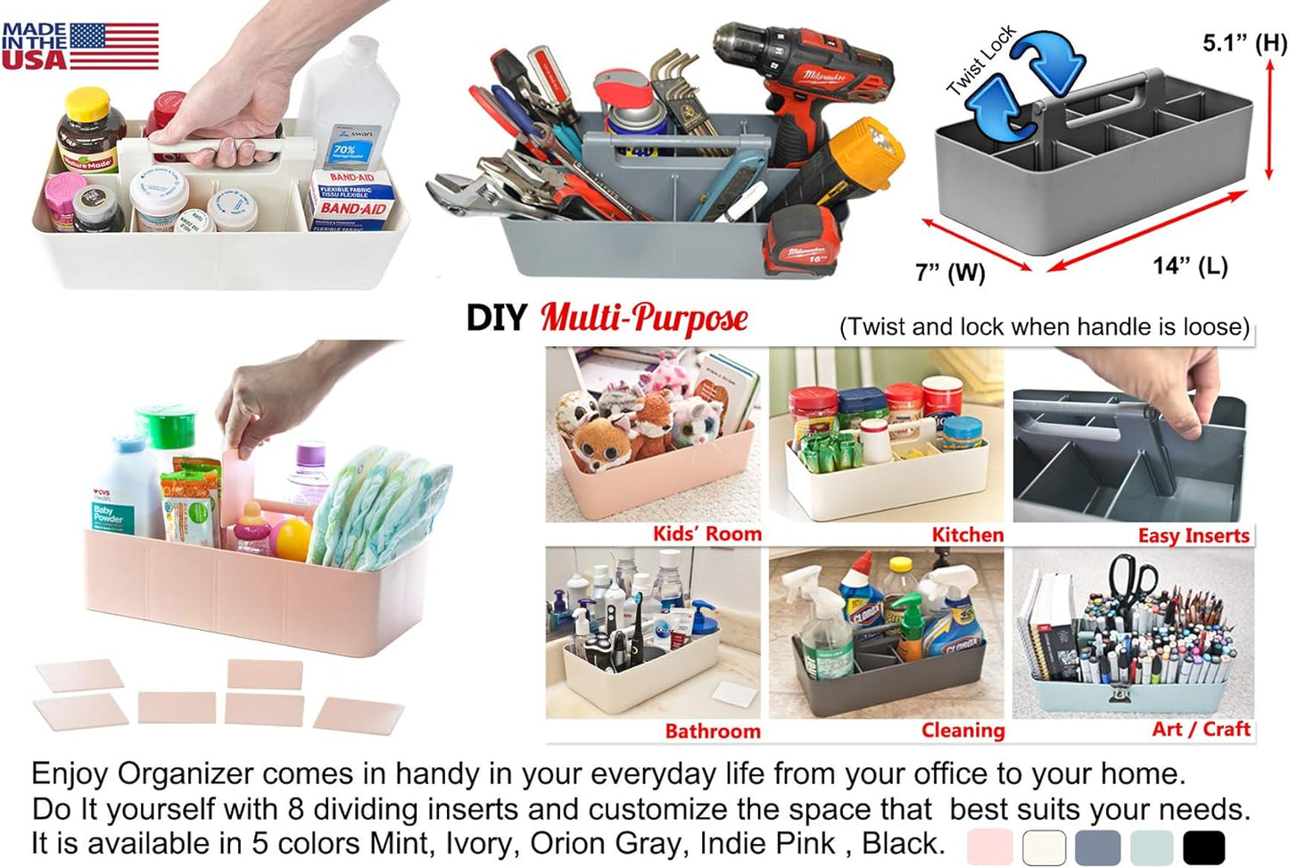 2 PACK - Portable DIY 8 Dividers Durable Plastic Tote Tool & Supply Cleaning Caddy with Handle Made In USA (Orion Gray)