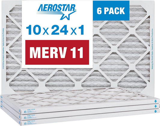 Aerostar 10x24x1 MERV 11 Pleated Air Filter, AC Furnace Air Filter, 6 Pack (Actual Size: 9 3/8" x