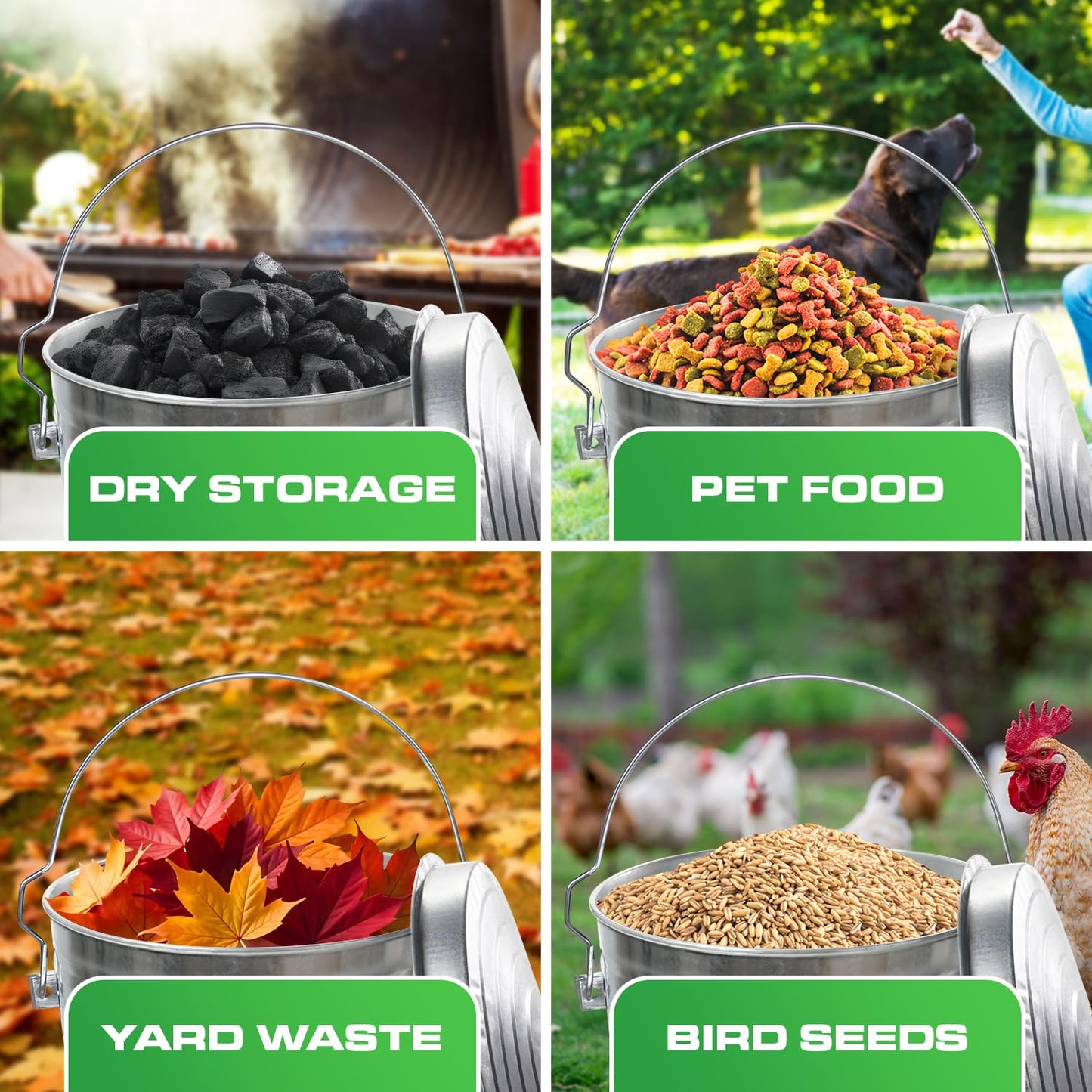 Plexon 10 Gallon Trash Can with Lid Galvanized Metal Bucket with Locking Lid for Poultry Feed Bird Seed Storage Ash Small Garbage Can, 6 Pack