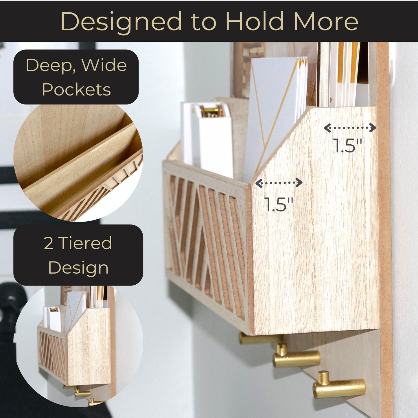 BLU MONACO Wall-Mounted Mail and Key Holder – Natural Wood 2-Tier Letter Organizer with 3 Hooks |
