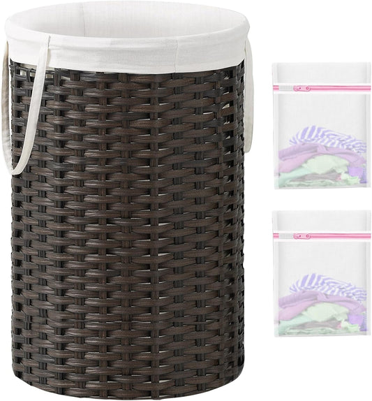 34.3 Gal (130 L) Large Laundry Hamper Laundry Basket Round Handwoven Wicker Laundry Baskets Rattan Laundry Basket with Removable Bag Handles 2 Mesh Bags for Living Room Bedroom Brown