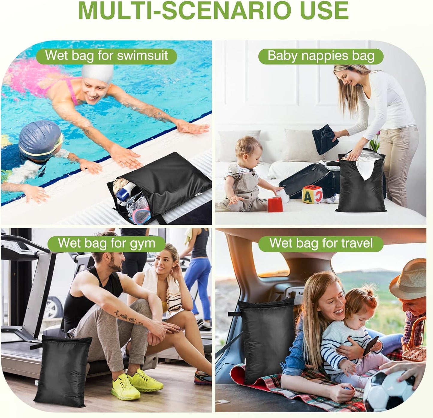 OTraki 12x16 inch Wet Bag 2Pcs Waterproof Swim Bag for Wet Clothes Small Swimsuit Dirty Clothes Laundry Bag Travel Machine Washable for Gym Beach Pool, Oxford Cloth with Handle & Zippered, Black