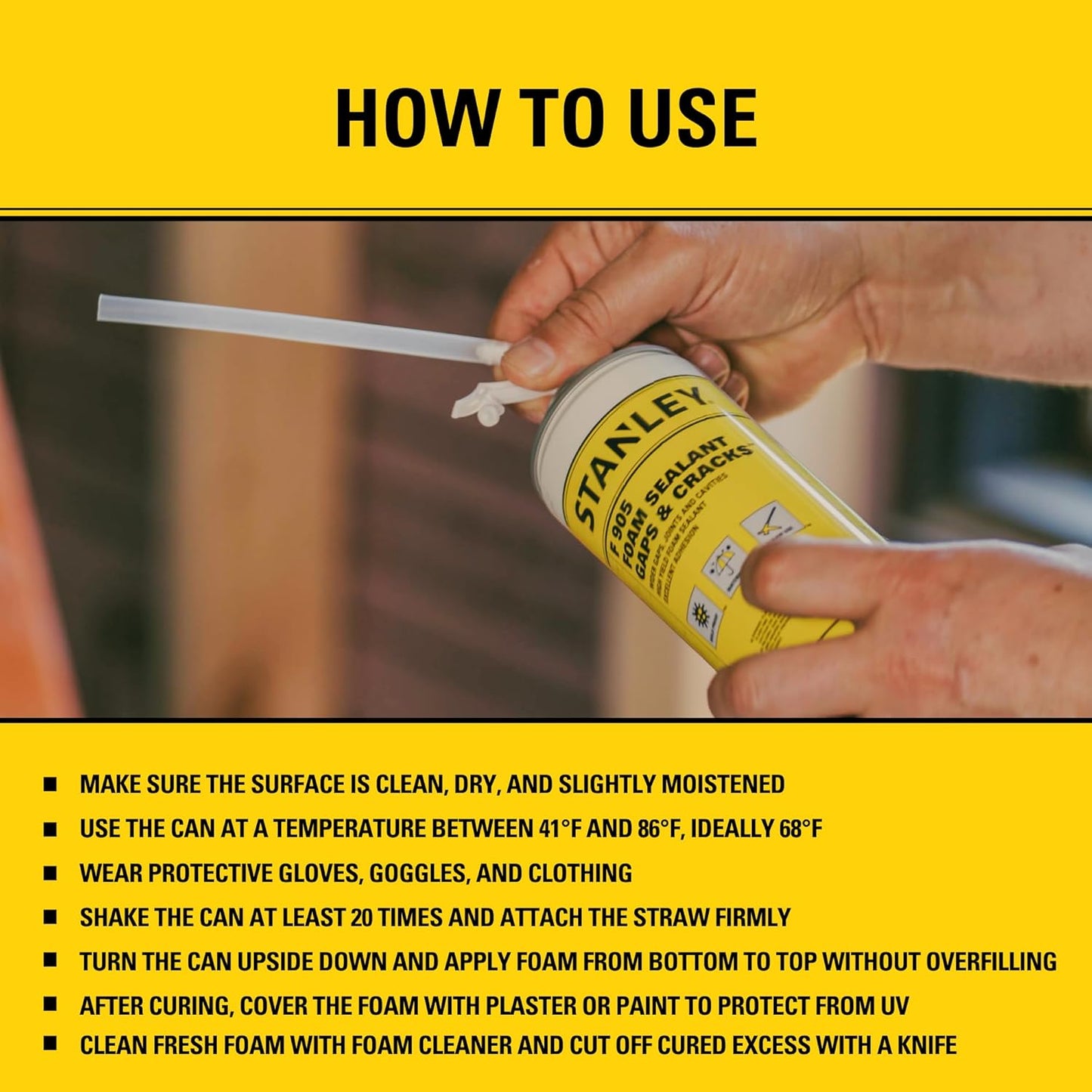 Stanley F905 Gaps & Cracks Sealant (1x12 Oz.) – Polyurethane Spray Foam Insulation for Window & Door, Waterproof Gap Filler, Low Expansion Foam for Indoor & Outdoor Use | Straw Use | 12 Oz. 1 Pack