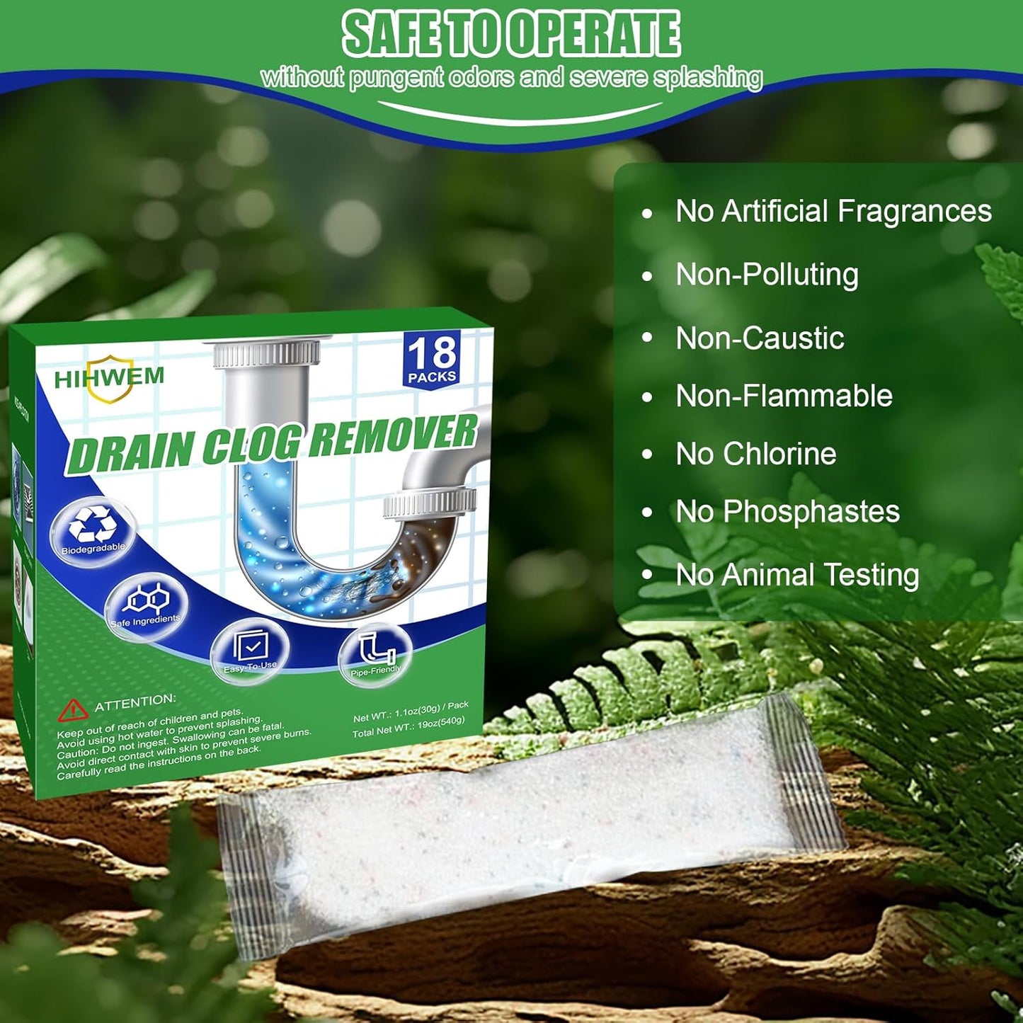 Drain Clog Remover Powder Sink Drain Cleaner for Hair and Grease, 18-Packs Heavy-Duty Powerful Kitchen Sink and Shower Unclogger, Pipe-Safe