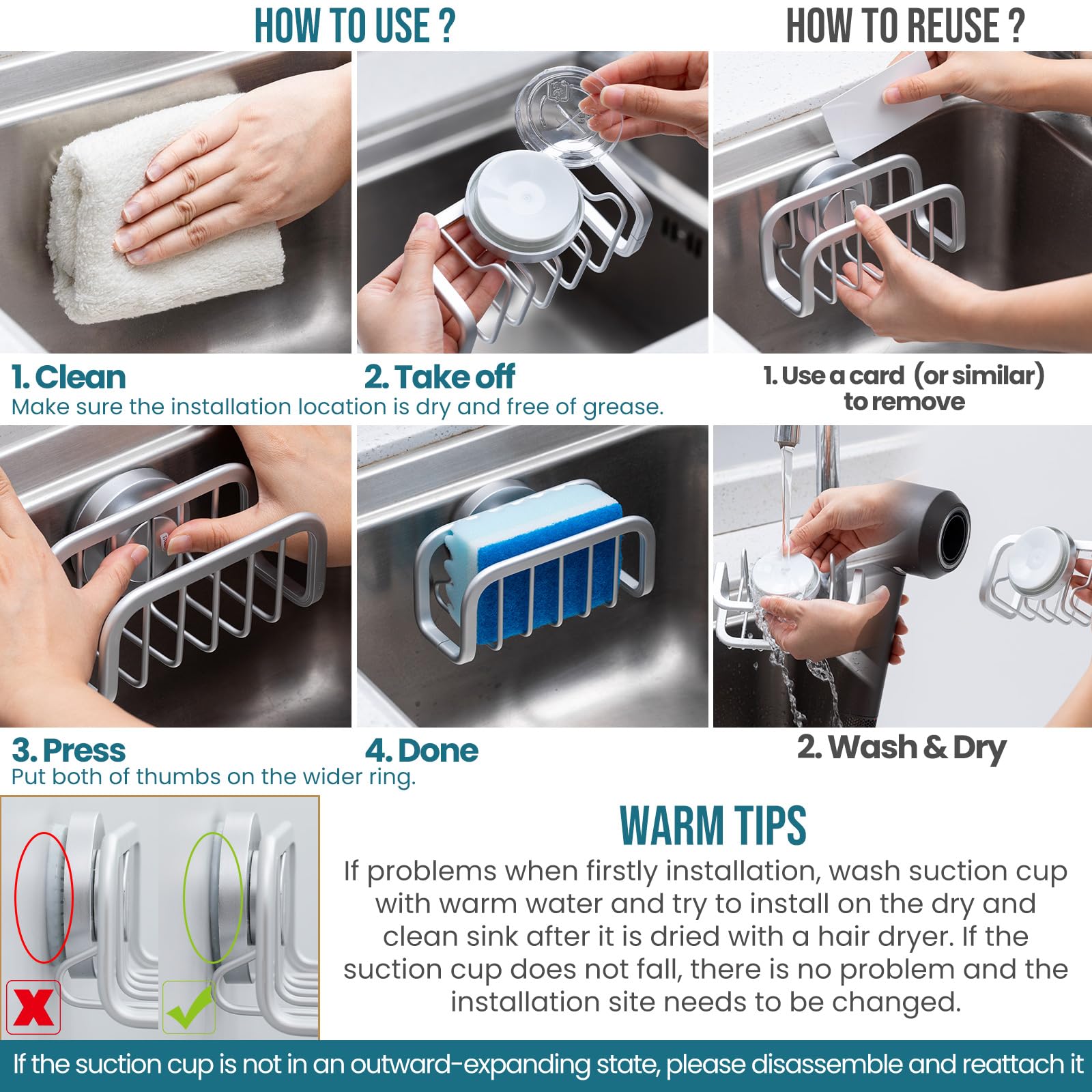 TAILI Rustproof Sponge Holder for Kitchen Sink with Suction Cup-Silver