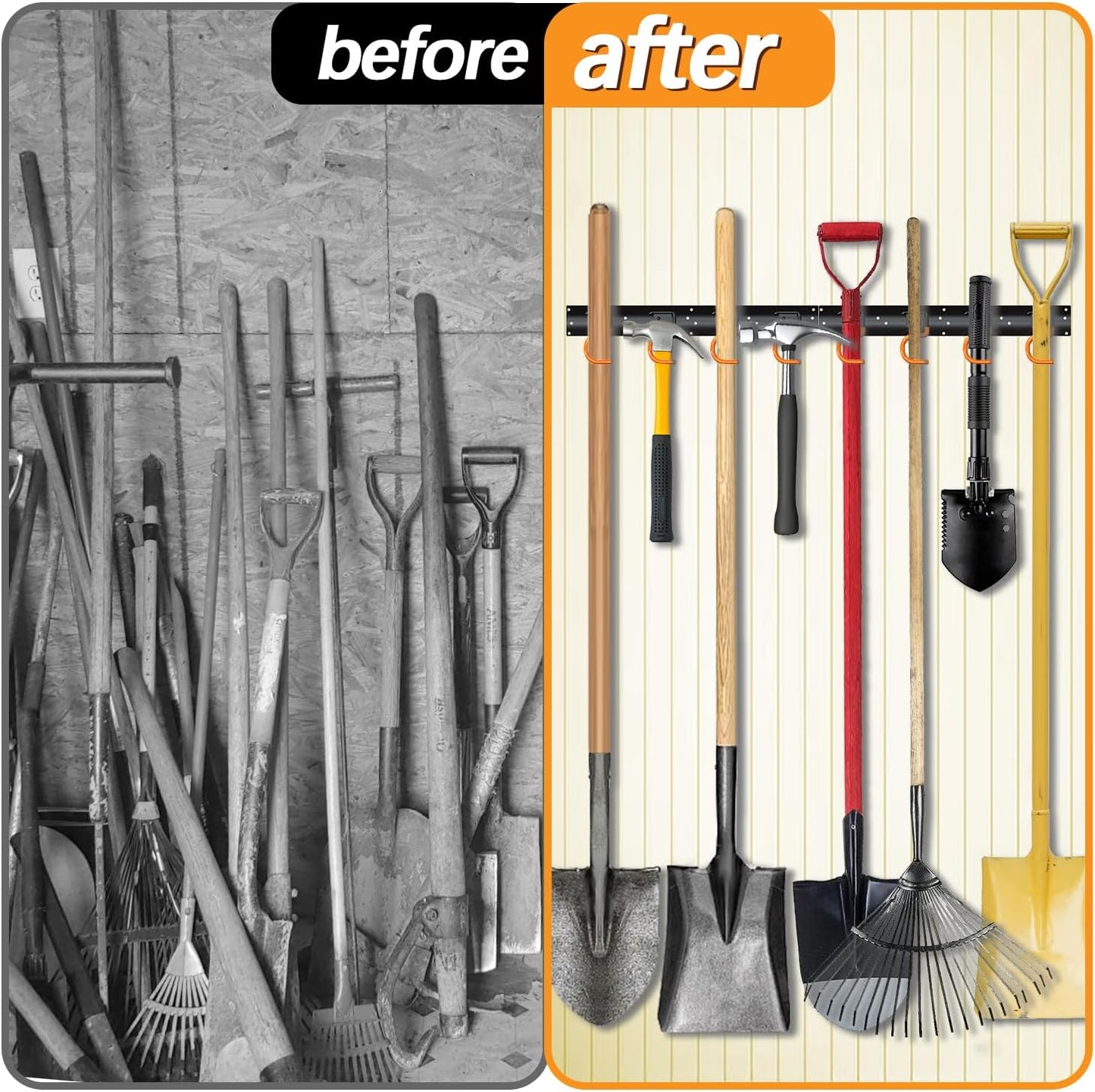 3-H 2×16" All Metal Garden Tool Organizer, Garage Tool Organizer, Broom Holder Wall Mount for Garage, Shed, Garden, Basement Hanging and Organizing Rake, Mop, Shovel, Hose