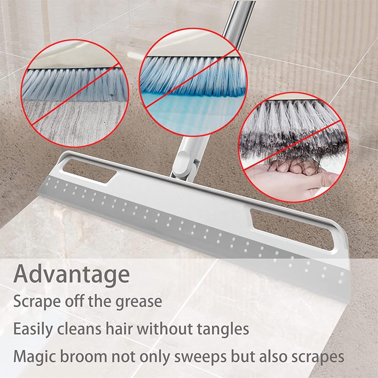 Multifunction Magic Broom, Silicone Floor Squeegee with 56" Long Handle, Rubber Sweeper, Air Broom for Floor Bathroom Kitchen Shower Tile Pet Hair Fur Marble Glass Water Window Foam Cleaning (Grey)
