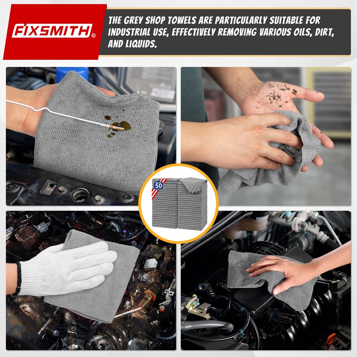 FIXSMITH Shop Towels, Pack of 200, Grey Microfiber Cleaning Cloth Bulk, Microfiber Towels for Cars