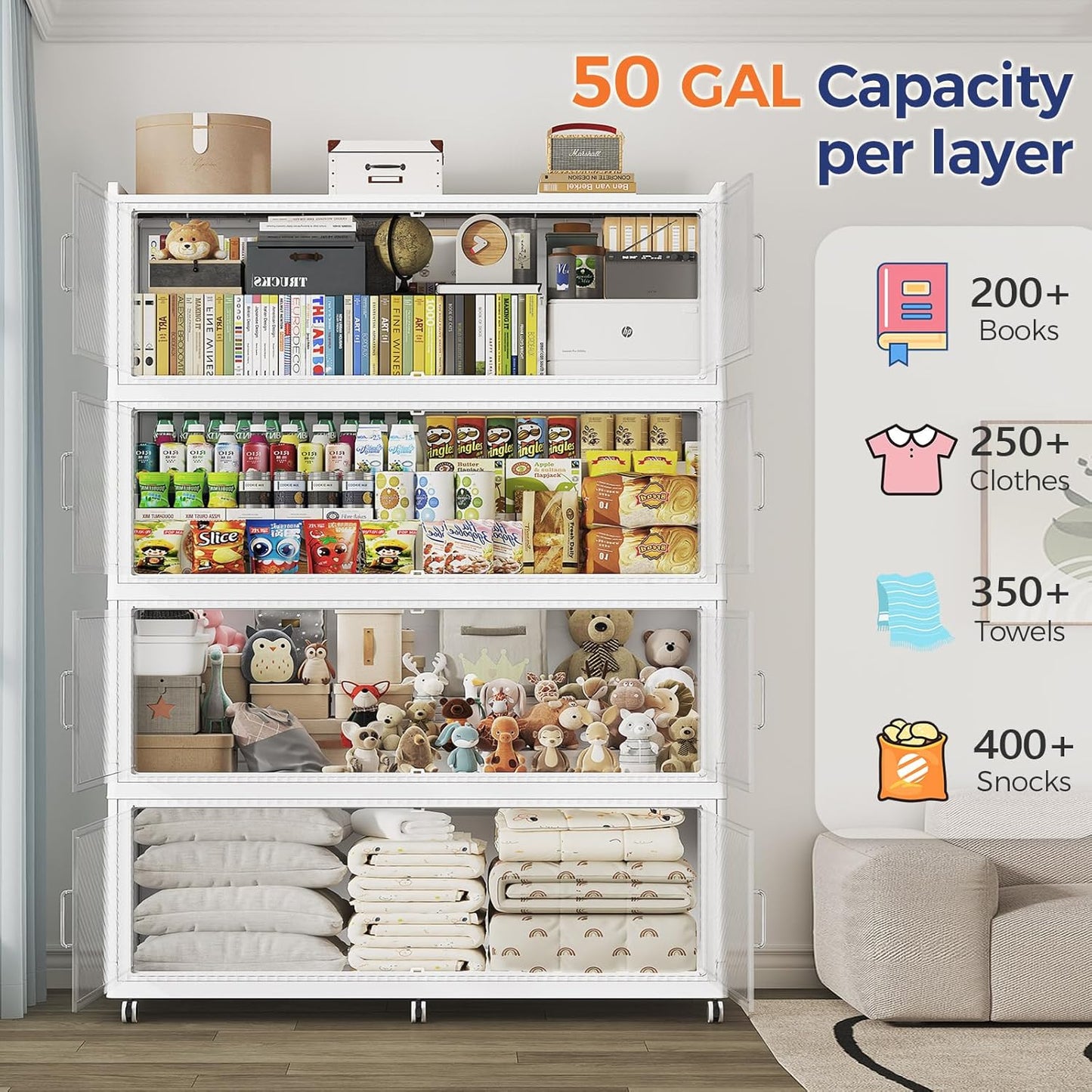 150 Gallon Extra Large Collapsible Storage Bin with Lid, 600QT Stackable Plastic Organizer with 6x Wheels, Foldable Drawer Cabinet for Closet, Living Room Office Dorm 3Pack, White