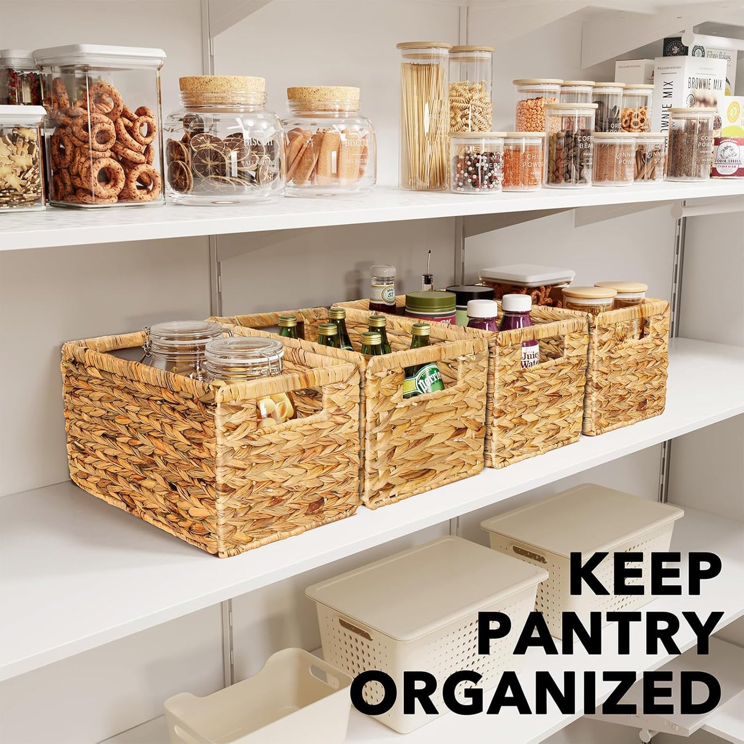 SpaceAid 4 Pack Wicker Basket, Storage Baskets for Organizing, Woven Rattan Basket with Handles for Shelves, Water Hyacinth Large Cube Organizer Storage Bin, 13x8.2x7 inch, Natural