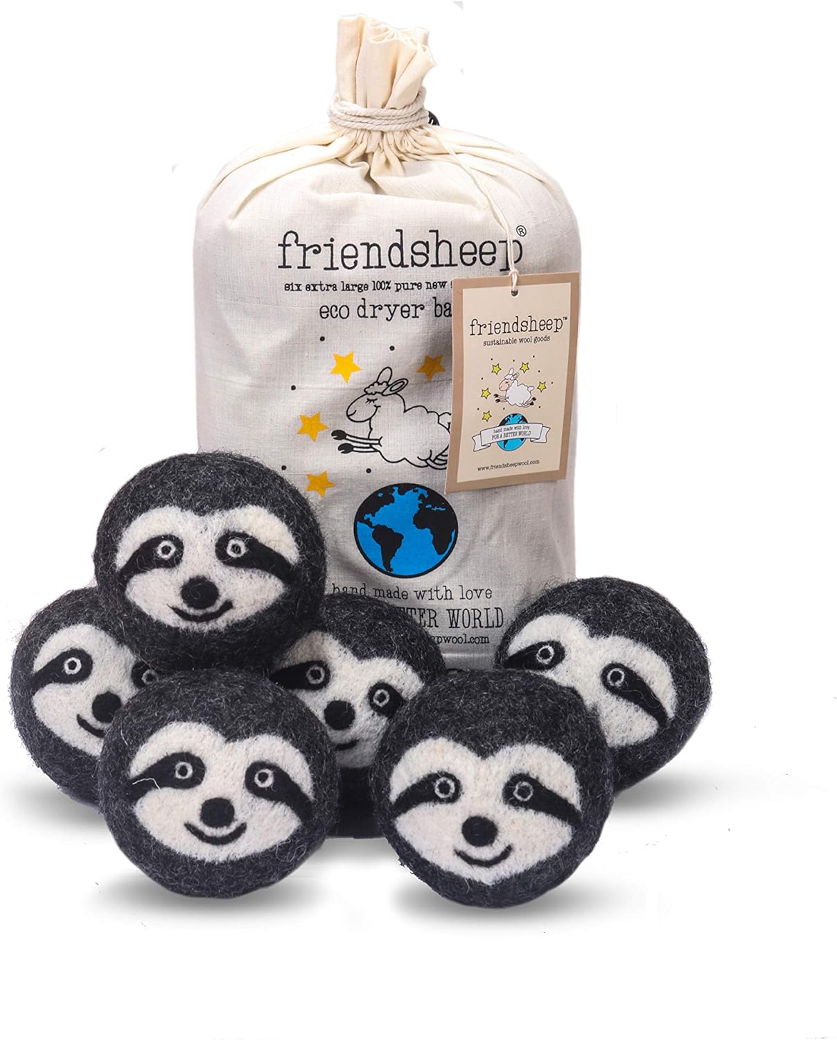 Friendsheep Wool Dryer Balls 6 Pack XL Organic Premium Reusable Cruelty Free Handmade Fair Trade No Lint Fabric Softener Gray Sloth - Sloth Squad