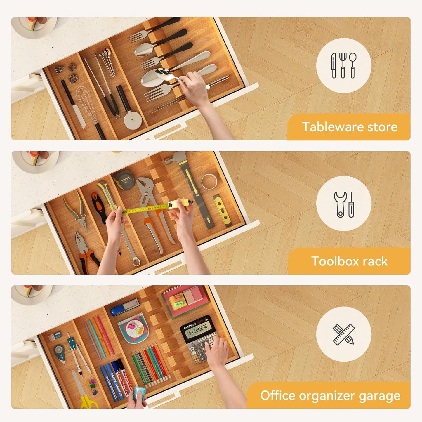 Yofidra Pure Bamboo Silverware Drawer Organizer: 16.53" Lx10 Wx1.93 H Large Silverware Utensil Tray Holder, 3-Compartment with 6 Card Slots Kitchen Flatware Organizer for Spoons Forks Knives