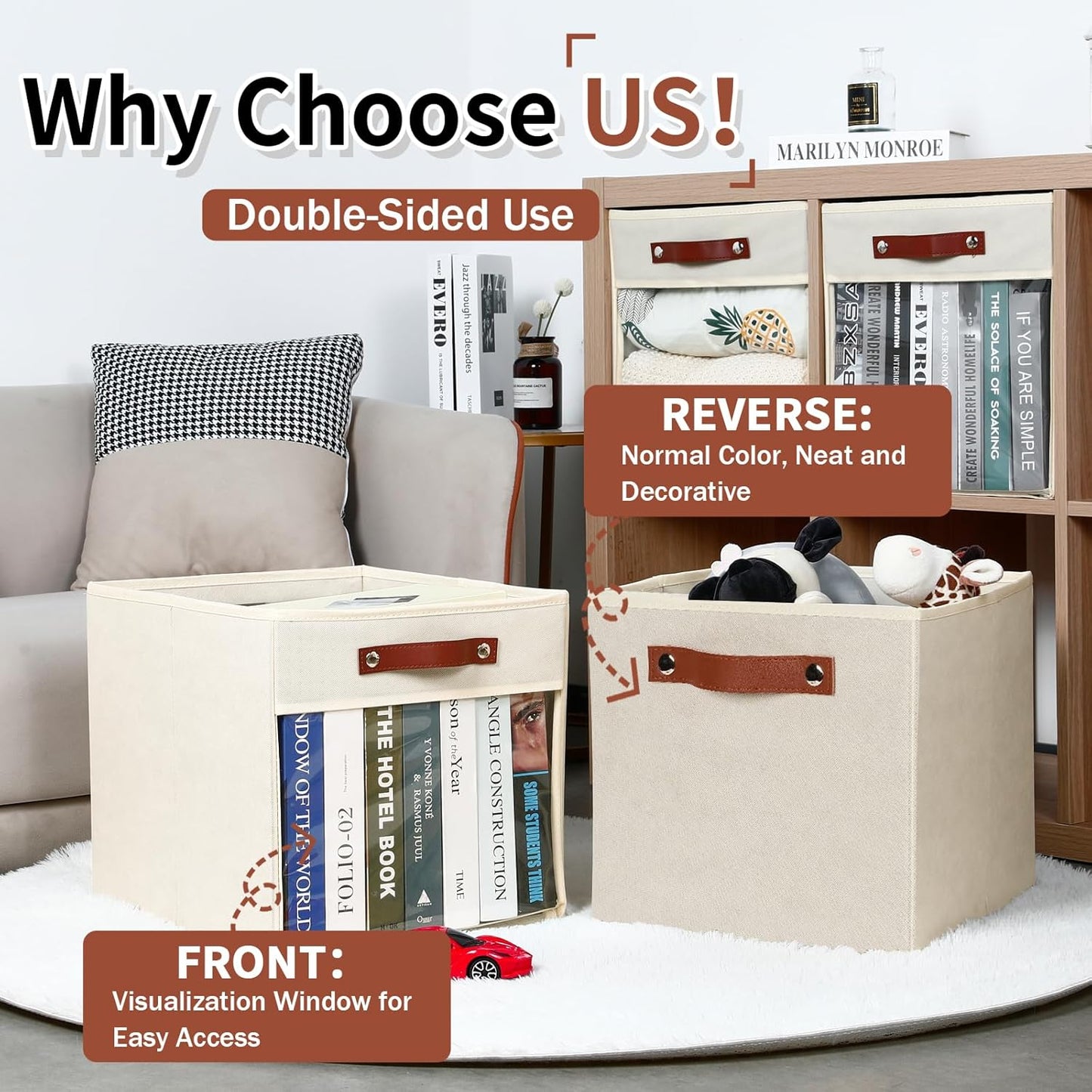 HNZIGE Fabirc Storage Cubes Bin 13x15x13 Clear Storage Cube, 4 Pack Foldable Cloth Cubby Storage Bins for Cube Organizer Closet Cabinet, Large Fabric Storage Bins for Shelves Organizer Bins- Cream