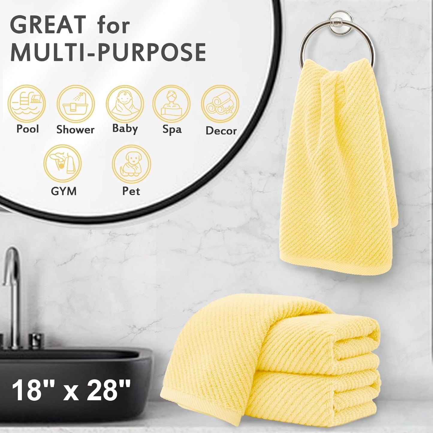 VOOVA & MOVAS Yellow Hand Towels for Bathroom, 4 Pack Large 18" x 28" - 100% Cotton | Lightweight | Thick | Quick Dry | Soft | Absorbent, Bath Hand Towels for Showering, Bathroom Essentials