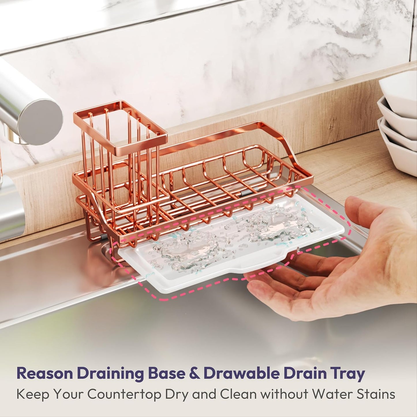 SWTYMIKI Sink Caddy Kitchen Sink Organizer with Detachable Brush Holder, Stainless Steel Sponge Holder with Removable Drip Tray Sponge Caddy for Kitchen Countertop, Rose Gold
