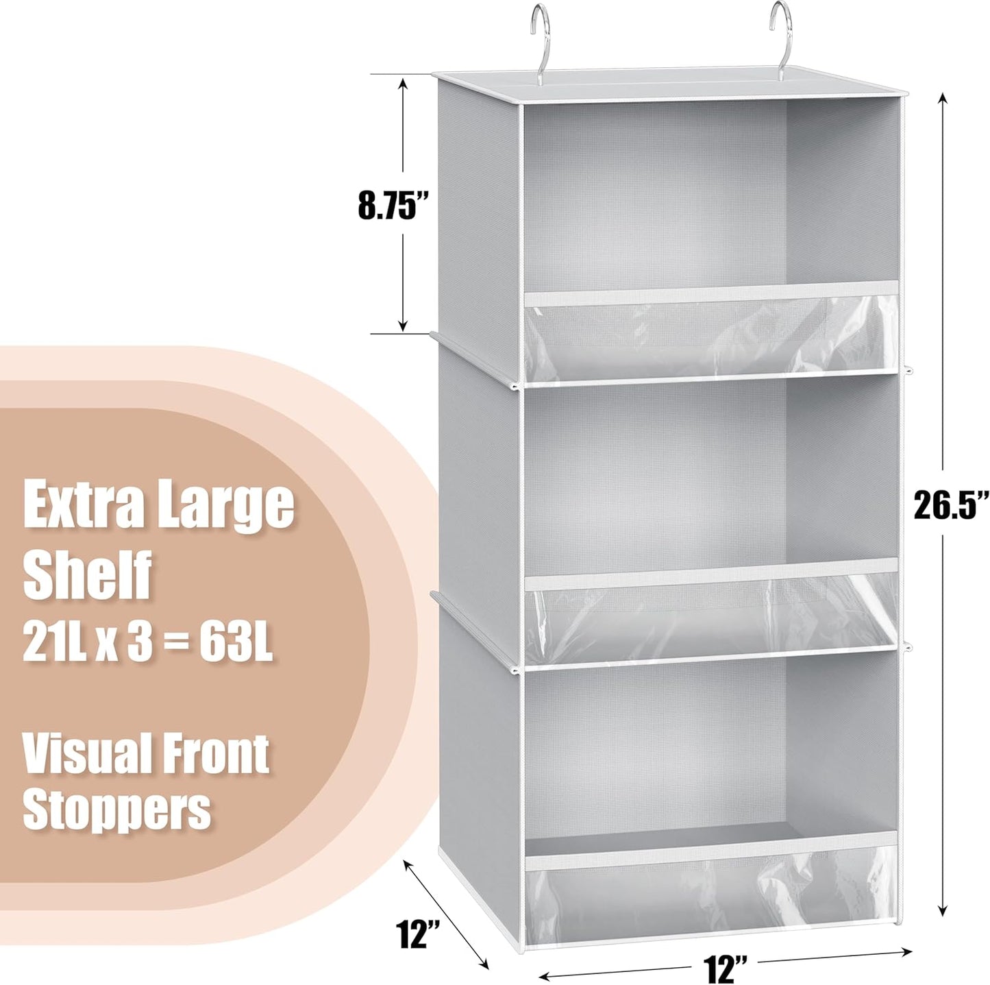Simple Houseware 3 Shelf Hanging Closet Organizer with Front Stopper, Gray