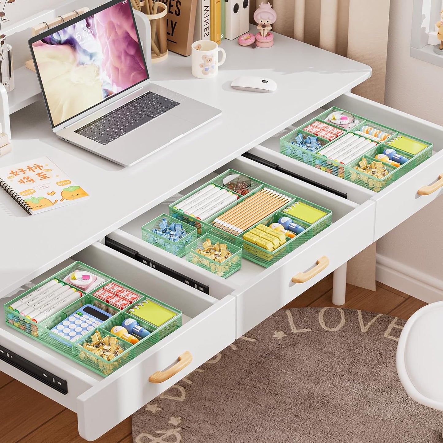 Marbrasse 3 Packs Desk Drawer Organizers, Metal Mesh Dividers with 9 Adjustable Compartments, Pen Organizer for Drawer Tray Box Accessories for Desktop,Kitchen, Makeup(Green)