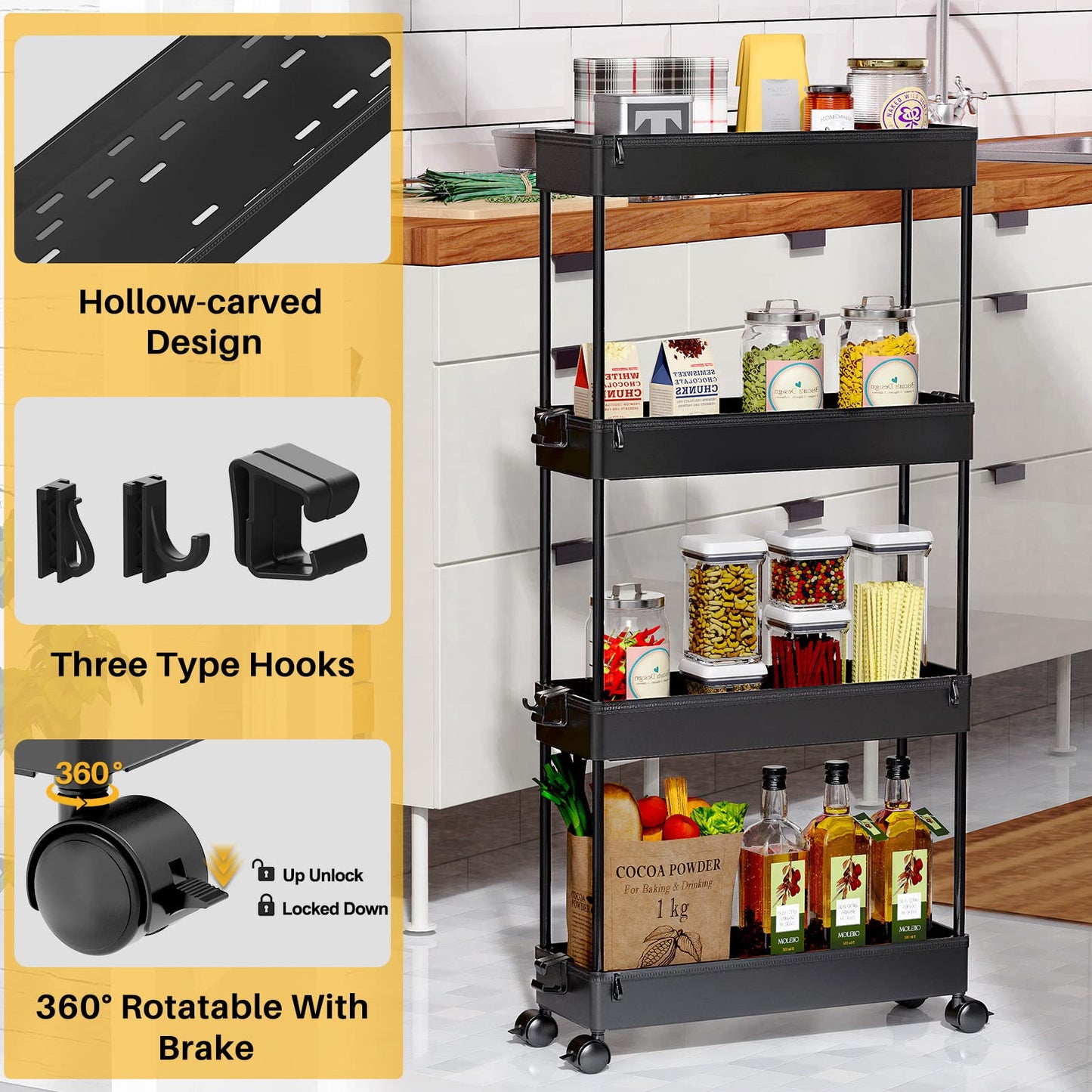 SPACEKEEPER Slim Rolling Storage Cart, 4 Tier Bathroom Cart Organizer,Black