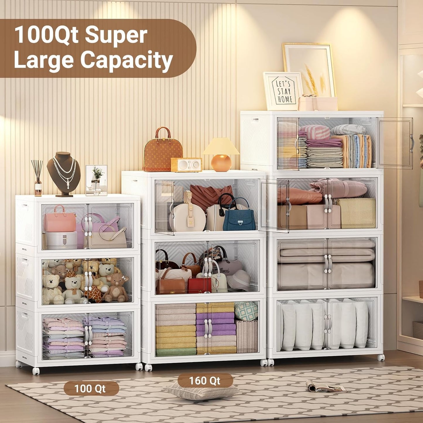 BROVIEW 300QT Extra Large Stackable Storage Bins, 75Gal Clear Plastic Closet Organizer Cabinet with Lid and Wheels, Collapsible Latch Boxes Folding Drawer with Door for Home Kitchen, V20 3Pack White