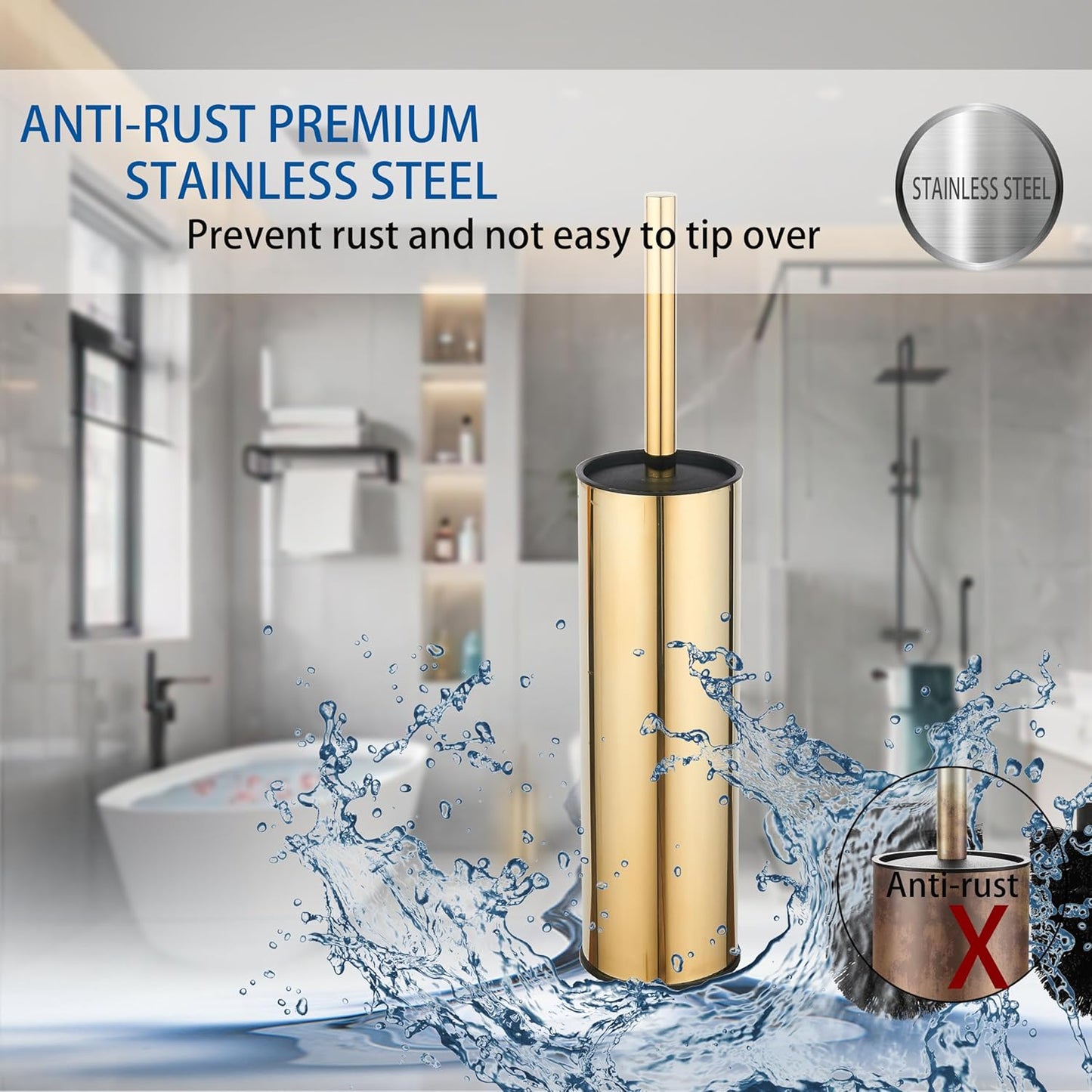 BGL Gold Toilet Brush and Holder, Stainless Steel Toilet Brush with PP Fiber Bristles, Round, 1 Pack